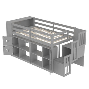 English Elm Twin Kids Low Loft Bed with Stair Drawers Built-in Led Shelving and Bear Handles W697S00040
