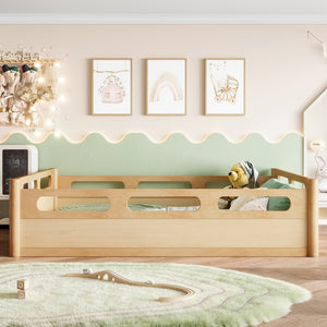 English Elm Twin Low Profile Floor Bed with Guardrails Pine Wood Frame Minimalist Bedroom Natural W1580P438793