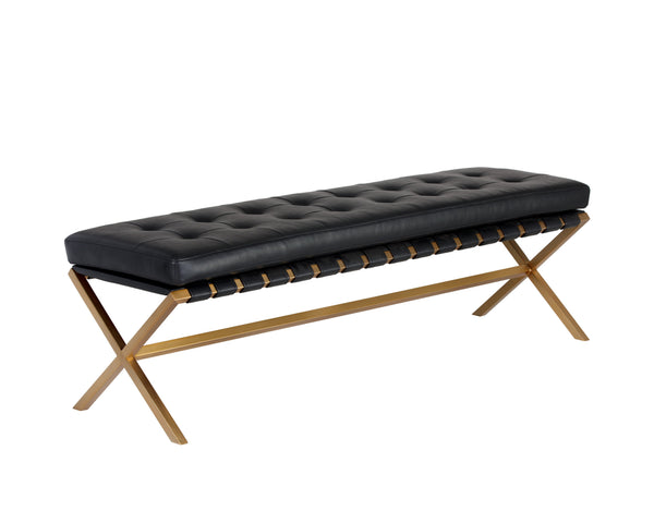 Sunpan Kenji Bench - Elegant Trestle Style with Brushed Gold Finish and Button Tufted Faux Leather Seat Small
