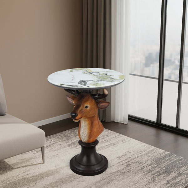 English Elm Horse Head Sculpted Resin End Table with Faux Marble Top for Bold Living Rooms W5398P454677