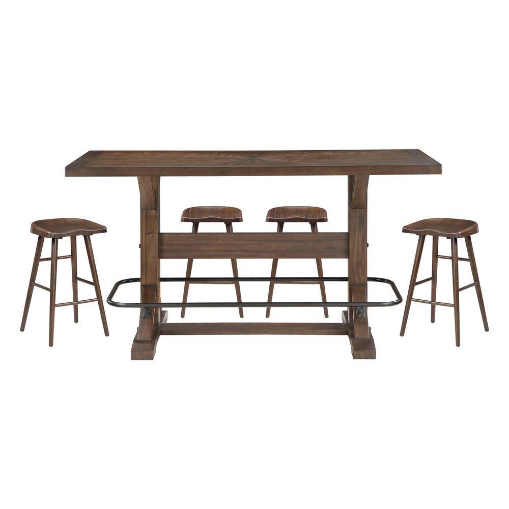English Elm Brown Acacia Wood Pub Height Dining Set with Saddle Stools and Industrial Metal Accents B011S02268