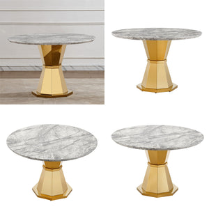 English Elm 47" Round Marble Dining Table - Stylish High-Gloss Faux Marble Top & Gold Stainless Steel Base W3456S00033