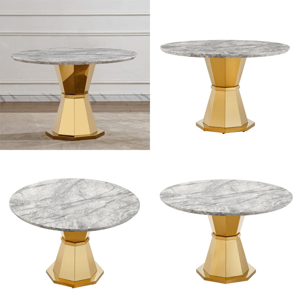 English Elm 47" Round Marble Dining Table - Stylish High-Gloss Faux Marble Top & Gold Stainless Steel Base W3456S00033