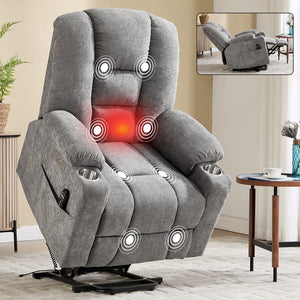 English Elm Emon's Overstuffed Chenille Power Lift Recliner with Massage Heat and Charging Ports Light Gray W1803S00091