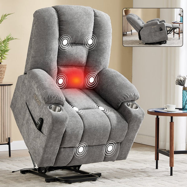 English Elm Emon's Overstuffed Chenille Power Lift Recliner with Massage Heat and Charging Ports Light Gray W1803S00091