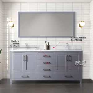 English Elm Dark Grey Double Bath Vanity 72" W With Carrara Marble Top, Chrome Faucet & Large 70" Mirror Set B2731S01000