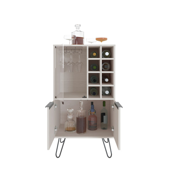 English Elm Bar Cabinet Gassville White Oak Finish with 8 Bottle Racks, Glass Rack & Spacious Lower Storage B092P228576