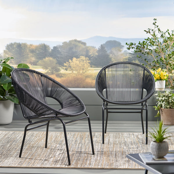 English Elm Nusa Outdoor Woven Rattan Basket Chair with Iron Legs for Modern Patio Spaces 66626.00BLK