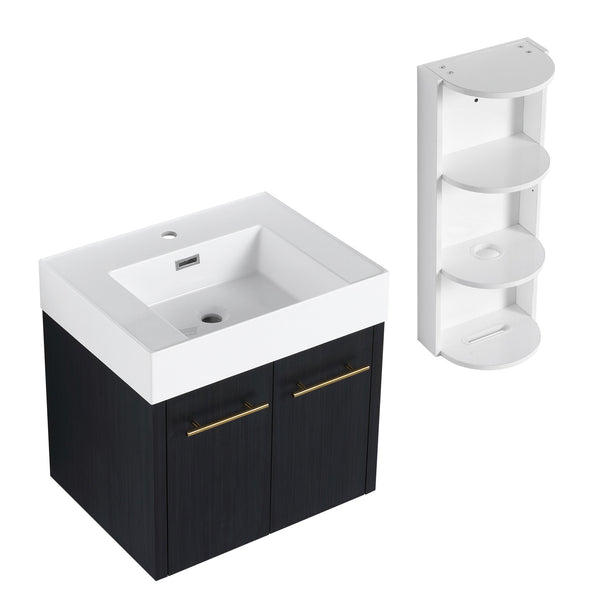 English Elm 24 Inch Wall-Mounted Bathroom Vanity Set With Thick Resin Sink & Three-Tier Storage Rack Design W999S00365