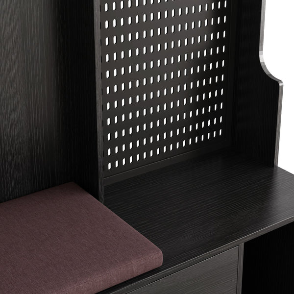 English Elm Multi-purpose Hallway Hall Tree with Linen Cushion Bench, Pegboard, Hooks, Drawers & Shoe Storage Black W757P196822