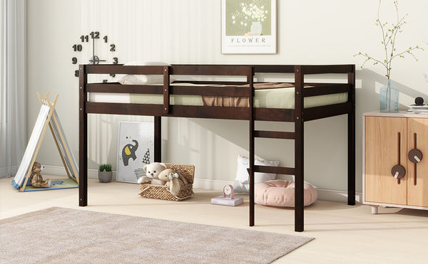 English Elm Solid Twin Loft Bed with Ladder and Reinforced Slats for Storage-Friendly, Space-Saving Bedrooms Espresso W504P190953