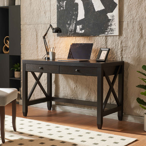 English Elm Home Office Desk - Classic Writing Table With X-Brace Leg Frame, Two Drawers, & Ample Workspace B107P302906