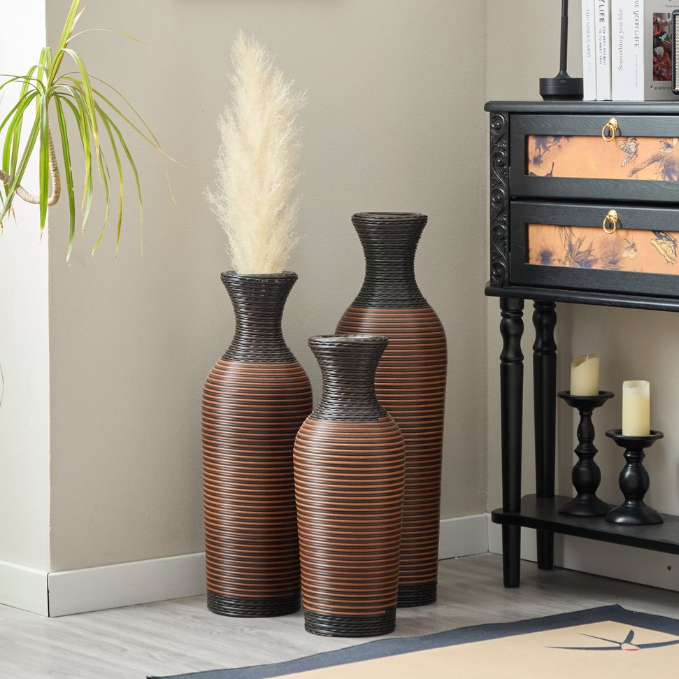 English Elm Hand-woven Pvc Rattan Floor Vase Set Three Graduated Farmhouse Accents for Any Room W2796P261490