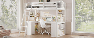 English Elm Twin Loft Bed with Desk Drawers Cabinet Shelves Solid Pine Wood White Finish LT0001505AAK-1
