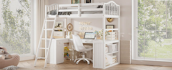 English Elm Twin Loft Bed with Desk Drawers Cabinet Shelves Solid Pine Wood White Finish LT0001505AAK-1