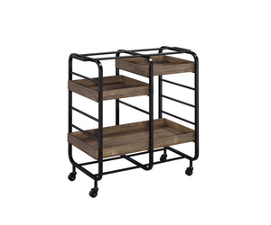 English Elm Vorrik Black & Walnut Finish Serving Cart with 3 Adjustable Wooden Trays, Metal Frame & Casters — Stylish Hostess Trolley B2726P272331