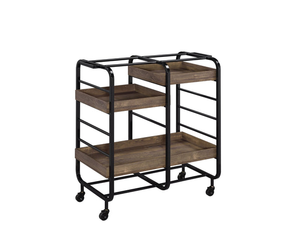 English Elm Vorrik Black & Walnut Finish Serving Cart with 3 Adjustable Wooden Trays, Metal Frame & Casters — Stylish Hostess Trolley B2726P272331