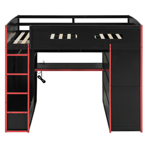English Elm Full Size Gaming Loft Bed with Rgb Lighting Desk Wardrobe and Built-in Storage Red LT100261AAR