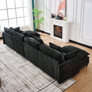 English Elm 140.9-inch U-shaped Modular Sectional Sofa with Ottomans Chenille Cloud Cushions Black W288S00030