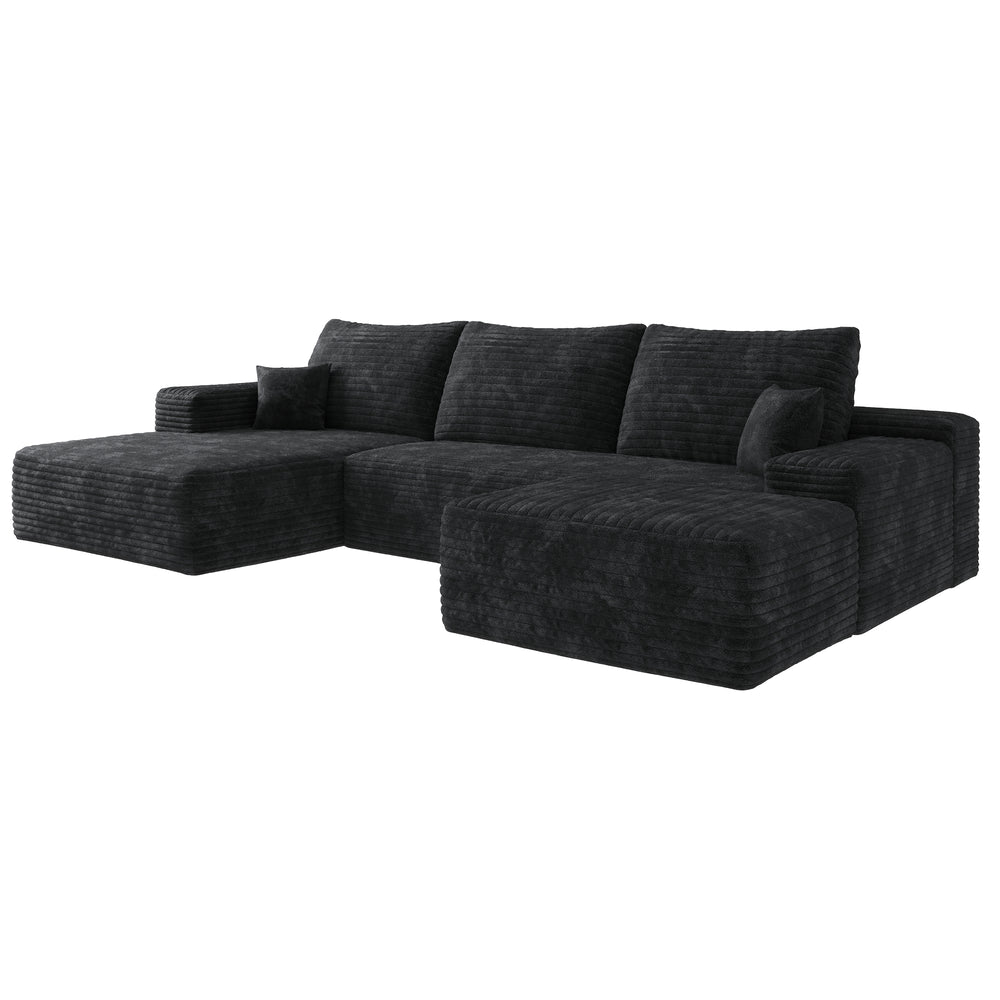 English Elm 135" Cloud Sectional Sofa With Ottoman, Modern Black Corduroy U-Shaped Couch For Ultimate Comfort W2824S00030