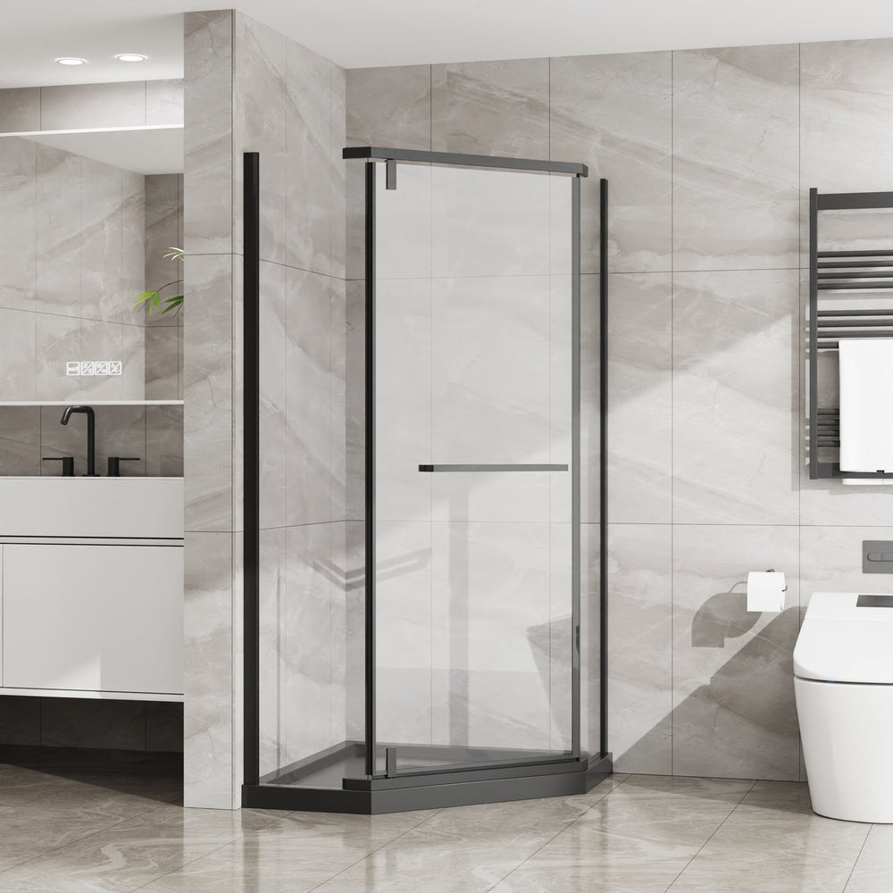 English Elm Goodyo Neo-angle Frameless Corner Shower Enclosure with Matte Black Acrylic Base Combo W1223S00044