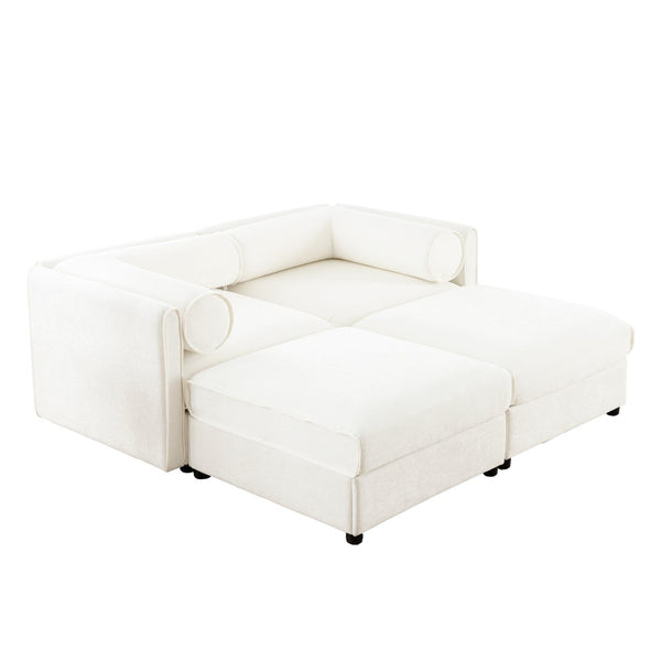 English Elm Stylish White Chenille Loveseat With Ottoman Storage, Ergonomic Backrest & Modular Design For Comfort W714S01036-GIGA