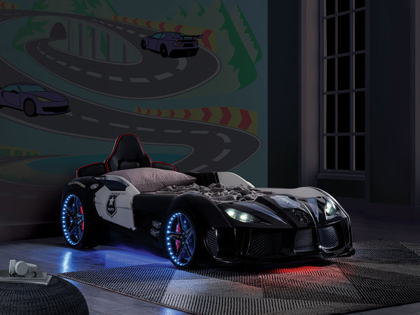 English Elm Modern Police Car Bed Twin Size With Led Lights, Magnetic Doors & Upholstered Headboard For Kids B2741S00497