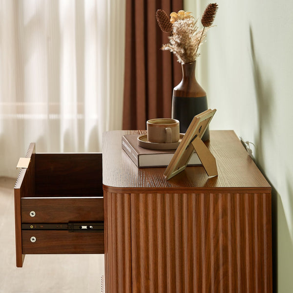English Elm 3 Drawer Nightstand Pair Walnut Wave Textured Mdf Modern Bedroom Storage Set of Two W1820P436011