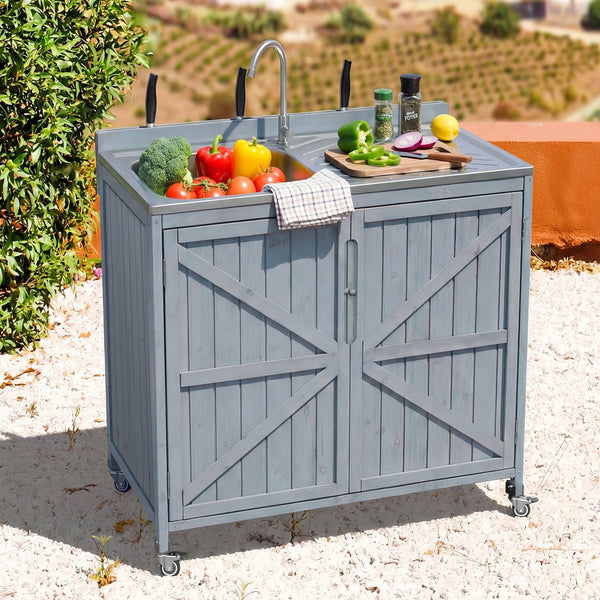 English Elm K&k Outdoor Prep Station Stainless Steel Top Fir Wood Cabinet with Drawer and Wheels N707P370281G