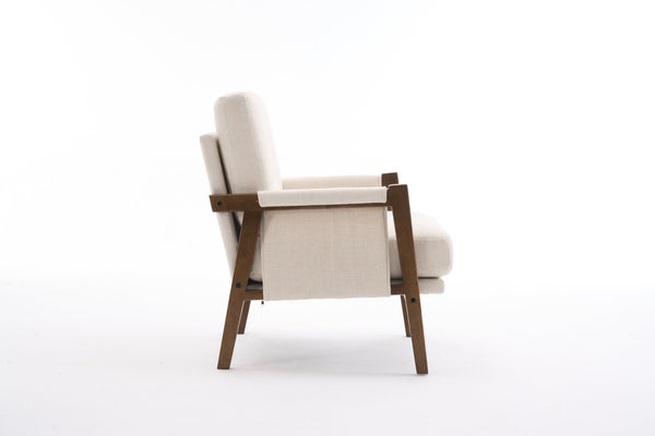 English Elm Mid-Century Solid Wood Accent Chair with Chenille Upholstery, Ergonomic Waist Support, Sturdy 300lb Capacity Beige T3903P372379