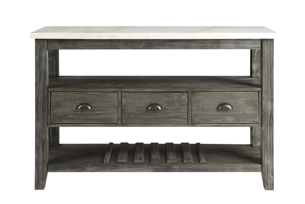 English Elm Merel Marble Top Server with Gray Oak Finish, 3 Drawers, Wine Rack, Felt-Lined Storage Elegance B2726P305705