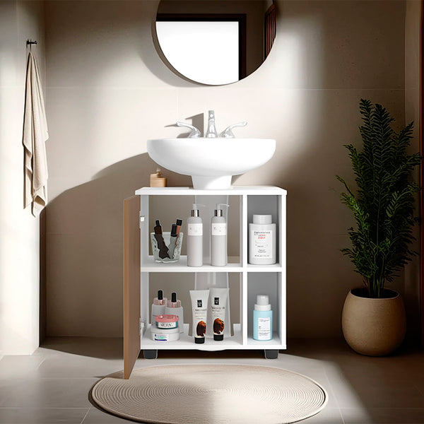 English Elm Pascuale Compact Under-Sink Cabinet with Cut-Out Back, Dual Side Shelves & Double Doors, Oak White B200P368111