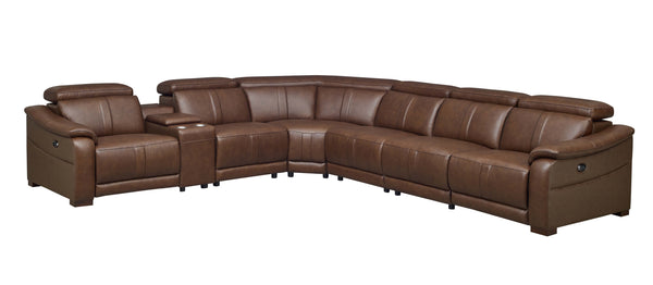 English Elm Leather Match Modular Sectional Power Reclining Sofa with Console and Cup Holders Dark Brown B2748S00035