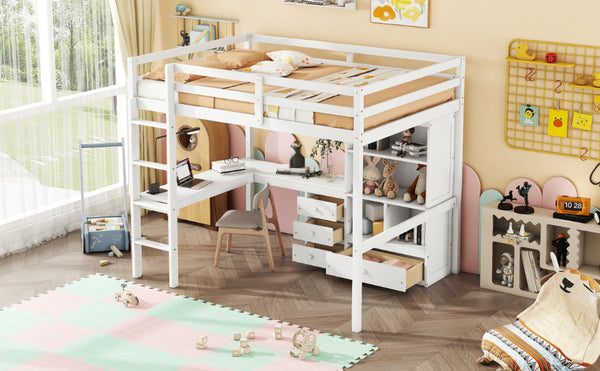 English Elm Full Size Loft Bed With Integrated Desk, Storage Shelves, Drawers & Safe Ladder - Stylish & Space-Saving W504S00161