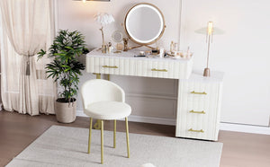 English Elm Velvet Upholstered Vanity Desk Set with Marble-Look Top, Padded Chair, 5 Spacious Drawers & Gold Accents Beige 17.5 L x 16.3 W x 16.1 H N733S272606A
