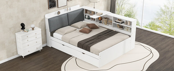 English Elm Wood Full Size platform bed with trundle, built-in storage headboard and shelves, sturdy pine frame White GX002055AAK