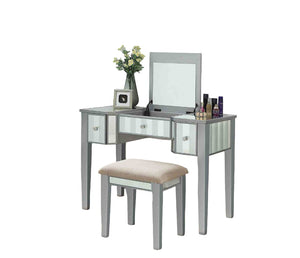 English Elm Transitional Glam Mirrored Vanity with Padded Stool, Spacious Drawers, Central Mirror for Prep and Storage Silver 50 L x 31 W x 16 H B2741P400801