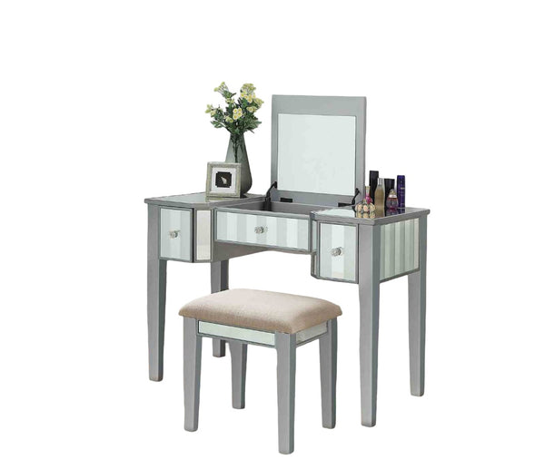 English Elm Transitional Glam Mirrored Vanity with Padded Stool, Spacious Drawers, Central Mirror for Prep and Storage Silver 50 L x 31 W x 16 H B2741P400801