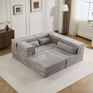 English Elm Compression Modular Sofa Bed, Versatile Light Grey Fleece Couch, No Assembly, 3-Seater & Ottoman W3723S00024