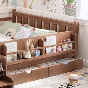 English Elm Queen Bunk Bed with Trundle Solid Pine Kids Car Themed Frame Built-in Bookshelf Natural W1580S00543