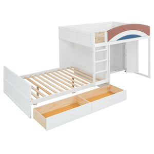 English Elm Full Size Offset Bunk Bed with Wardrobe Hanging Rod Drawers and Upholstered Rail White N820S00081K