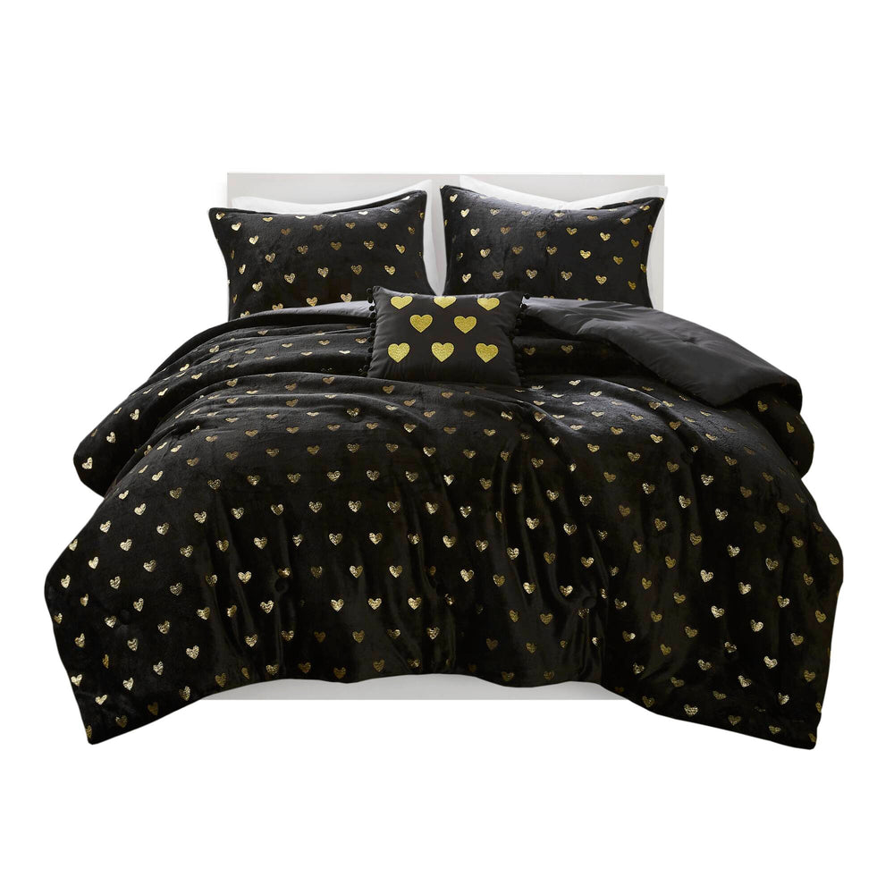 English Elm 4 Pcs Luxurious Black/Gold Metallic Plush Comforter Set With Decorative Pillow For Full/Queen Beds B035P319892