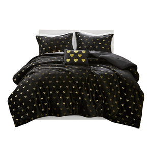 English Elm 4 Pcs Luxurious Black/Gold Metallic Plush Comforter Set With Decorative Pillow For Full/Queen Beds B035P319892