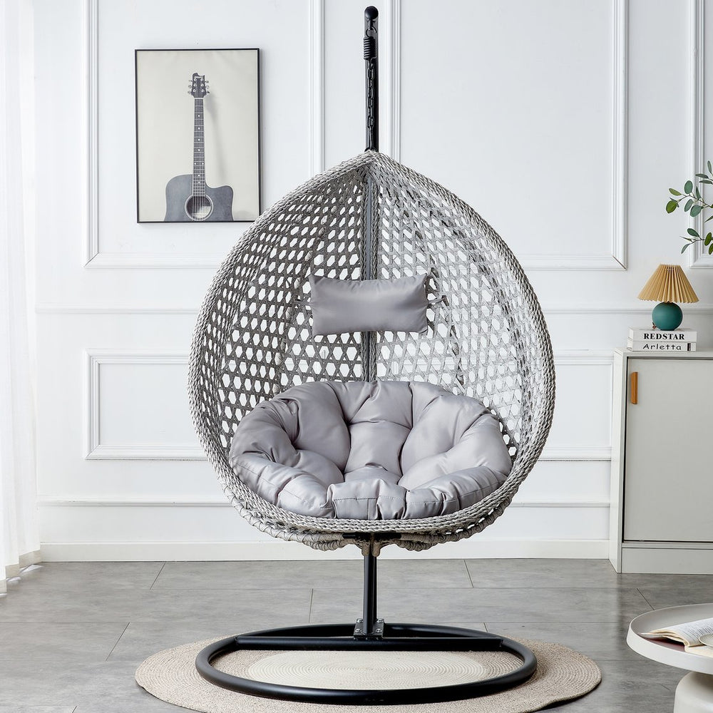 English Elm 76.8-inch Hand Woven Rattan Egg Swing Chair Indoor Outdoor with Cushion Lumbar Pillow Gray W1512P498595