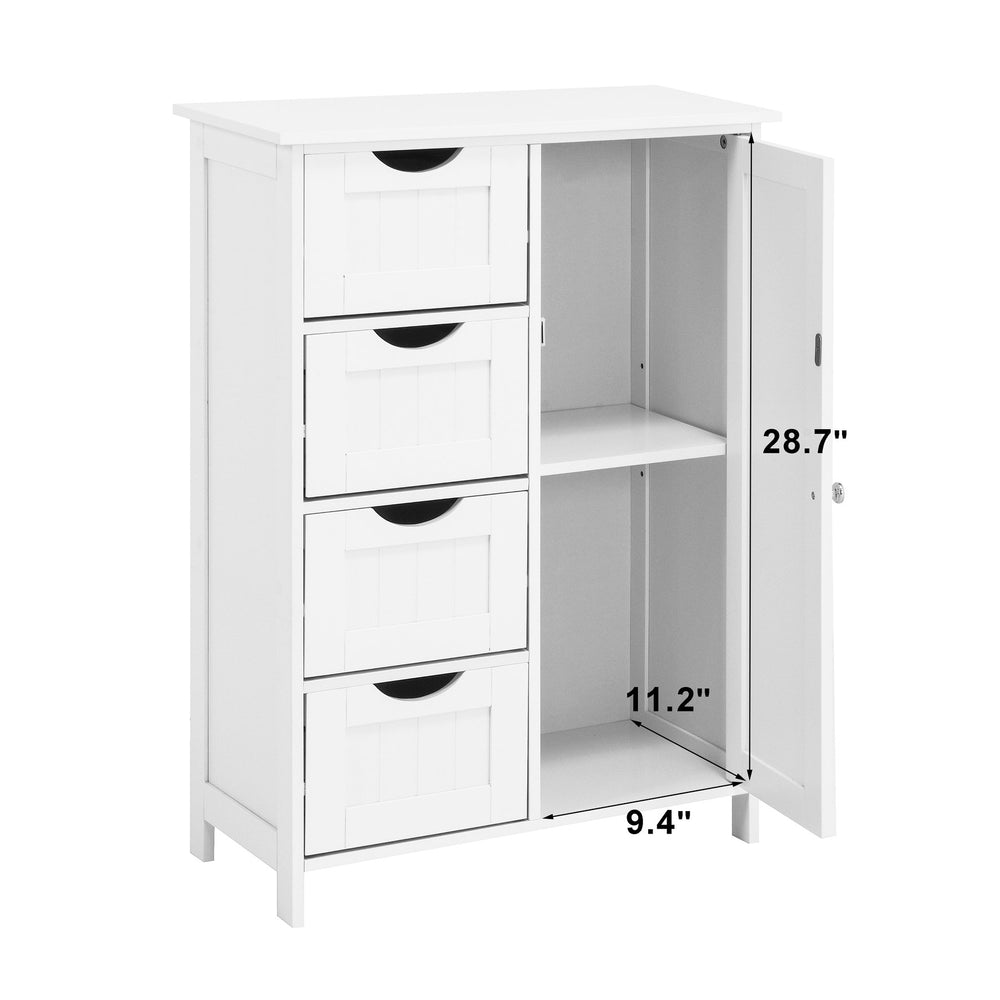 English Elm White Floor Cabinet with Four Slatted Drawers and Adjustable Shelf for Bathroom Storage W40914883