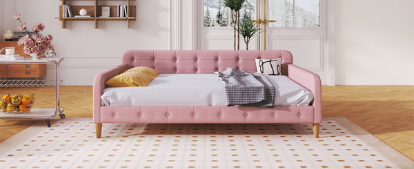 English Elm Full Size Linen Tufted Daybed with Pine Frame for Living or Guest Room Pink DL001825AAH-1