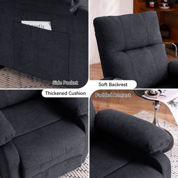 English Elm 019-160°recliner Plush Chenille Push Back Chair with Massage Heating for Seniors Black W2636P286683