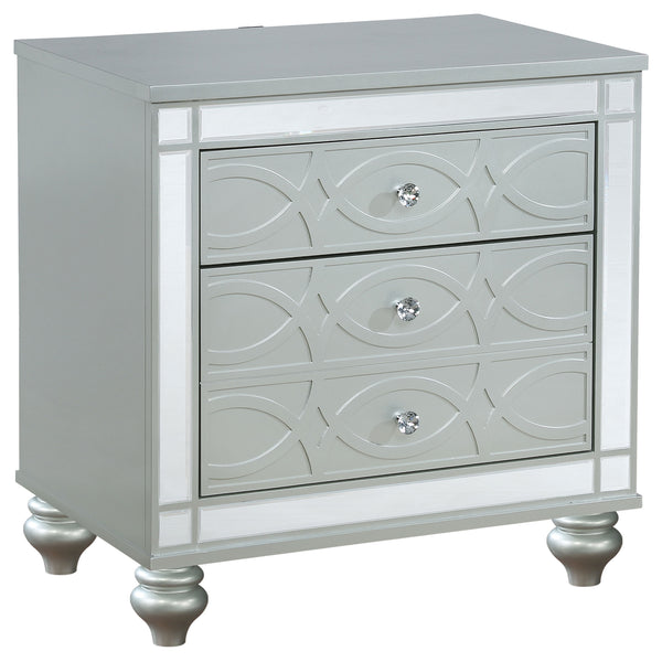 English Elm Menlo Silver Metallic 2-Drawer Nightstand with Mirrored Trim, Crystal Knobs, Felt Lined Drawer & USB Ports B062P378587