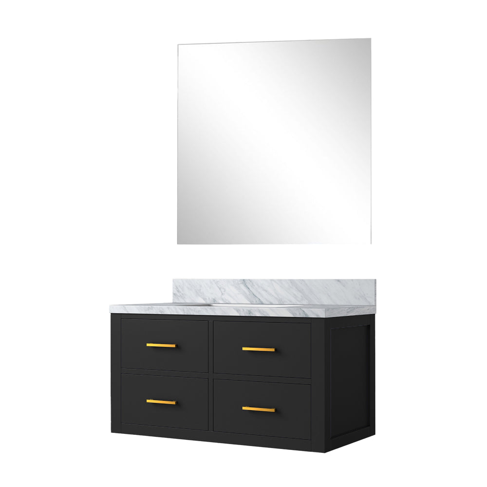 English Elm Black Single Bath Vanity With Carrara Marble Top, Frameless Mirror & Soft-Close Drawers, 36" W B2731S01437