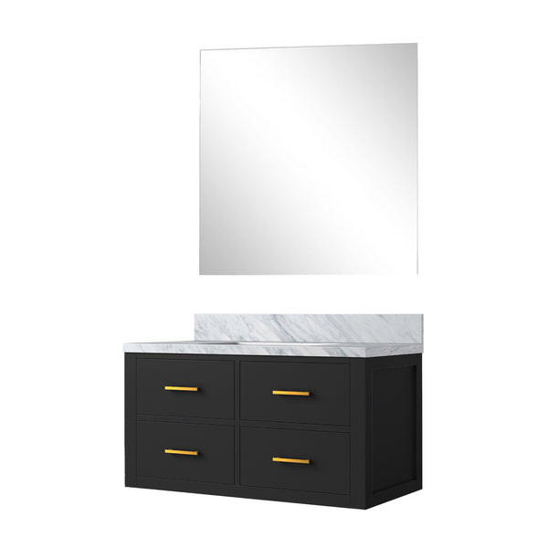 English Elm Black Single Bath Vanity With Carrara Marble Top, Frameless Mirror & Soft-Close Drawers, 36" W B2731S01437